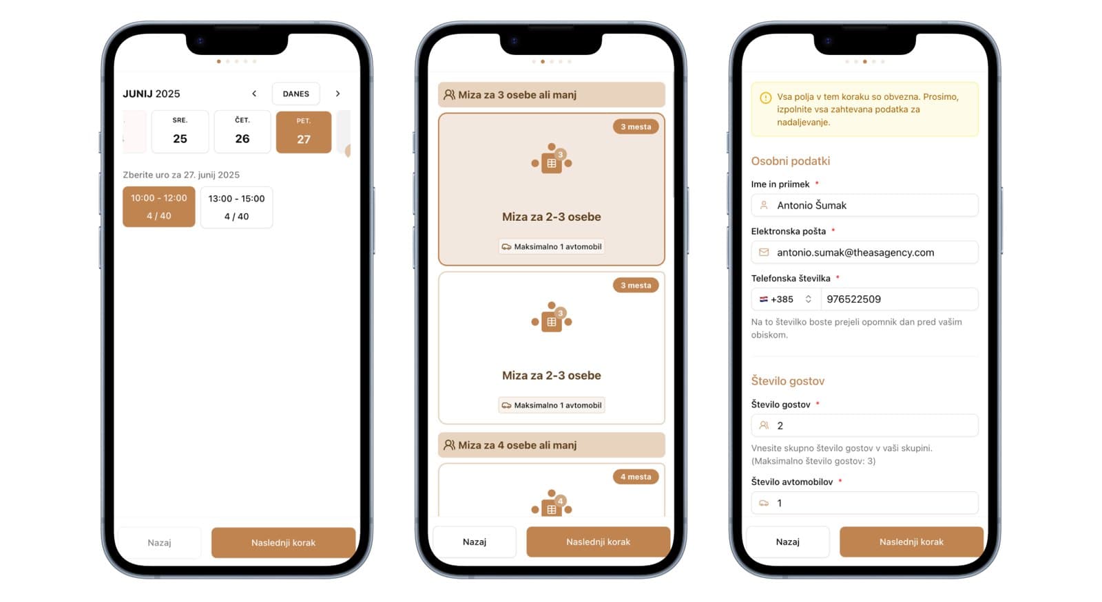 Alpaka Ranč booking flow on three phones